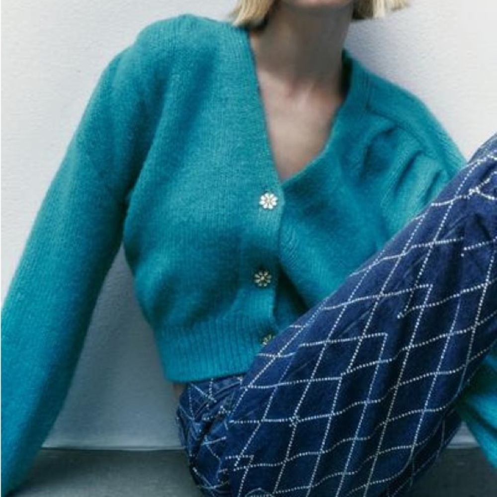 Zara Knit Cardigan with Jewel Buttons Duck Blue